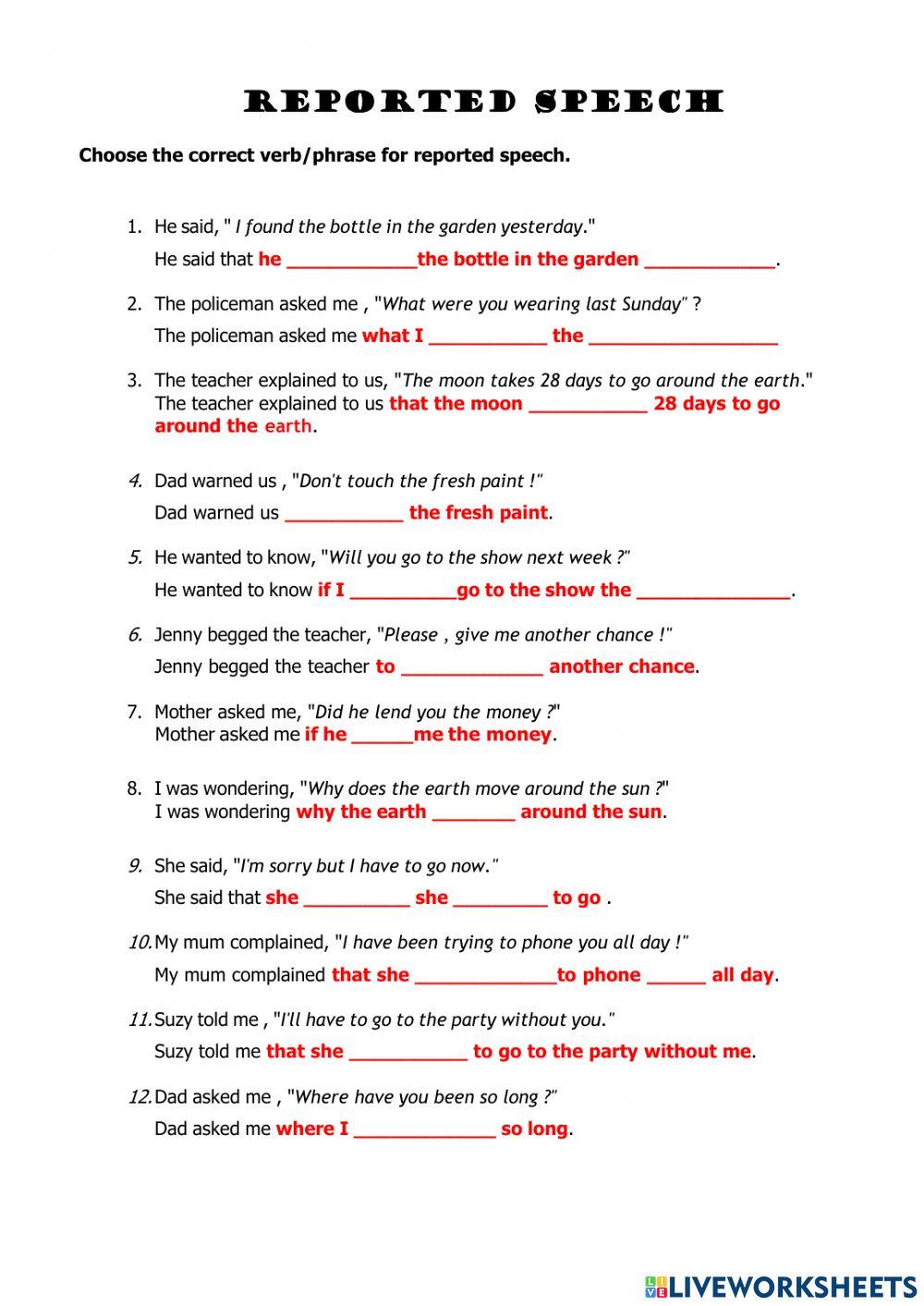 1407213 | Reported Speech | bonnie81 | LiveWorksheets