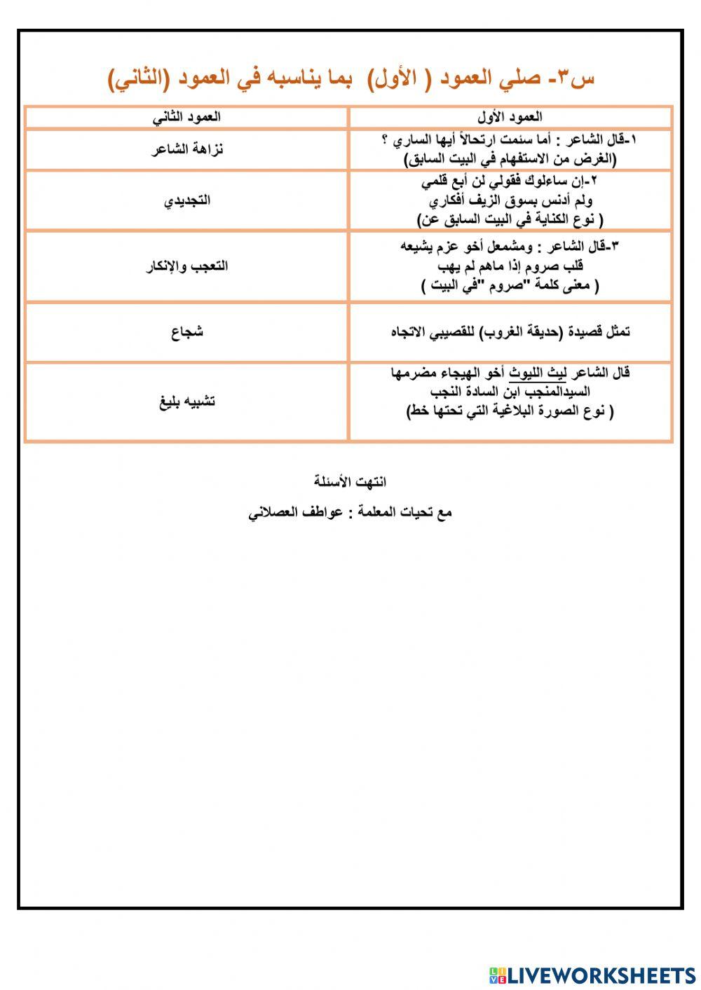 ورقة عمل لقصيدة العزوالمجد وقصيدة حديقة الغروب