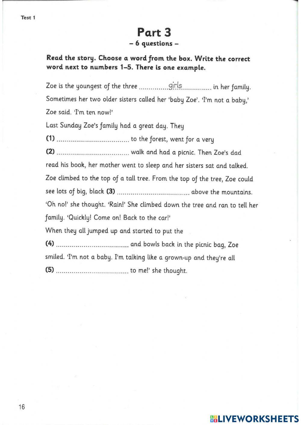 Movers Reading and Writing test