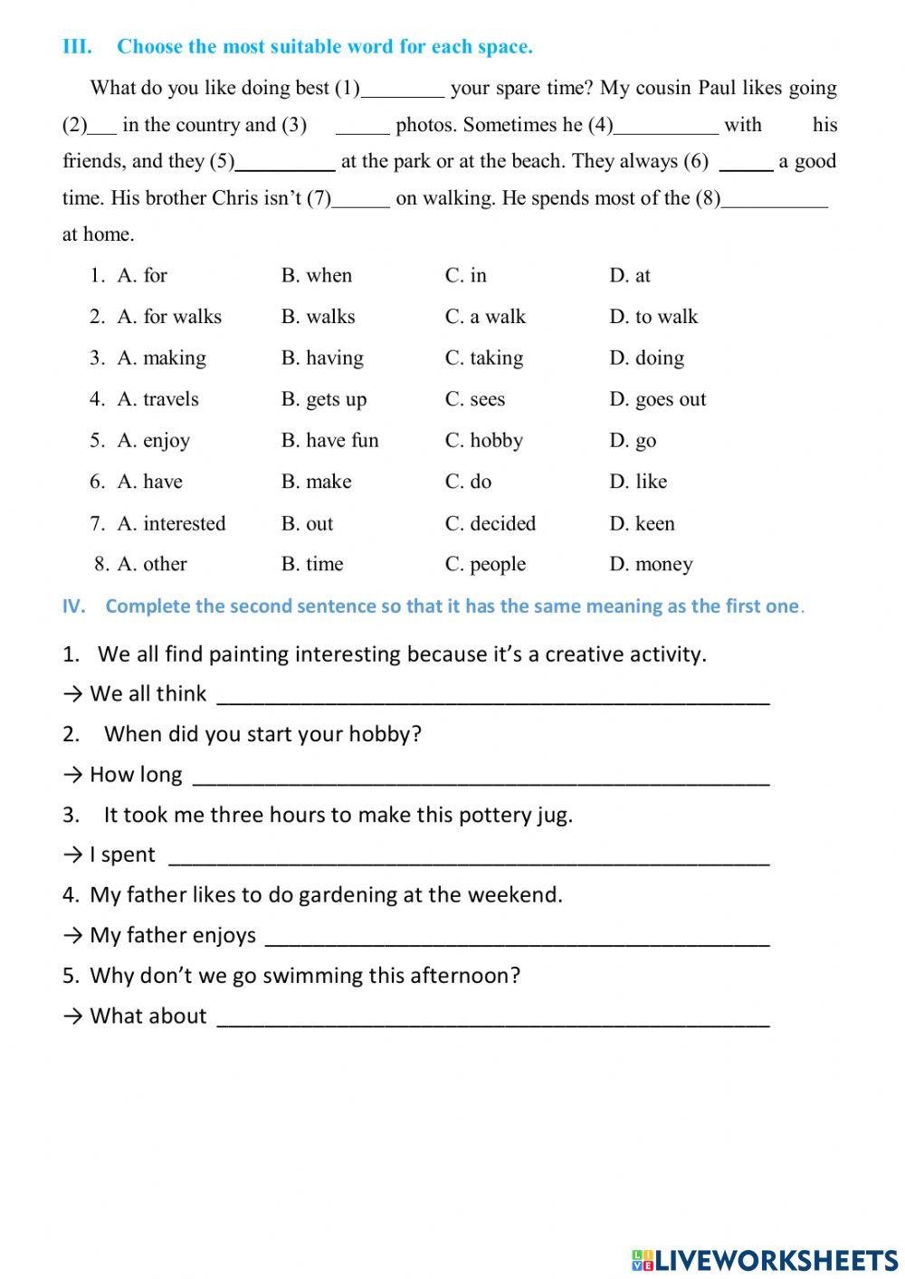 Grade 7 Unit 1 MY HOBBIES