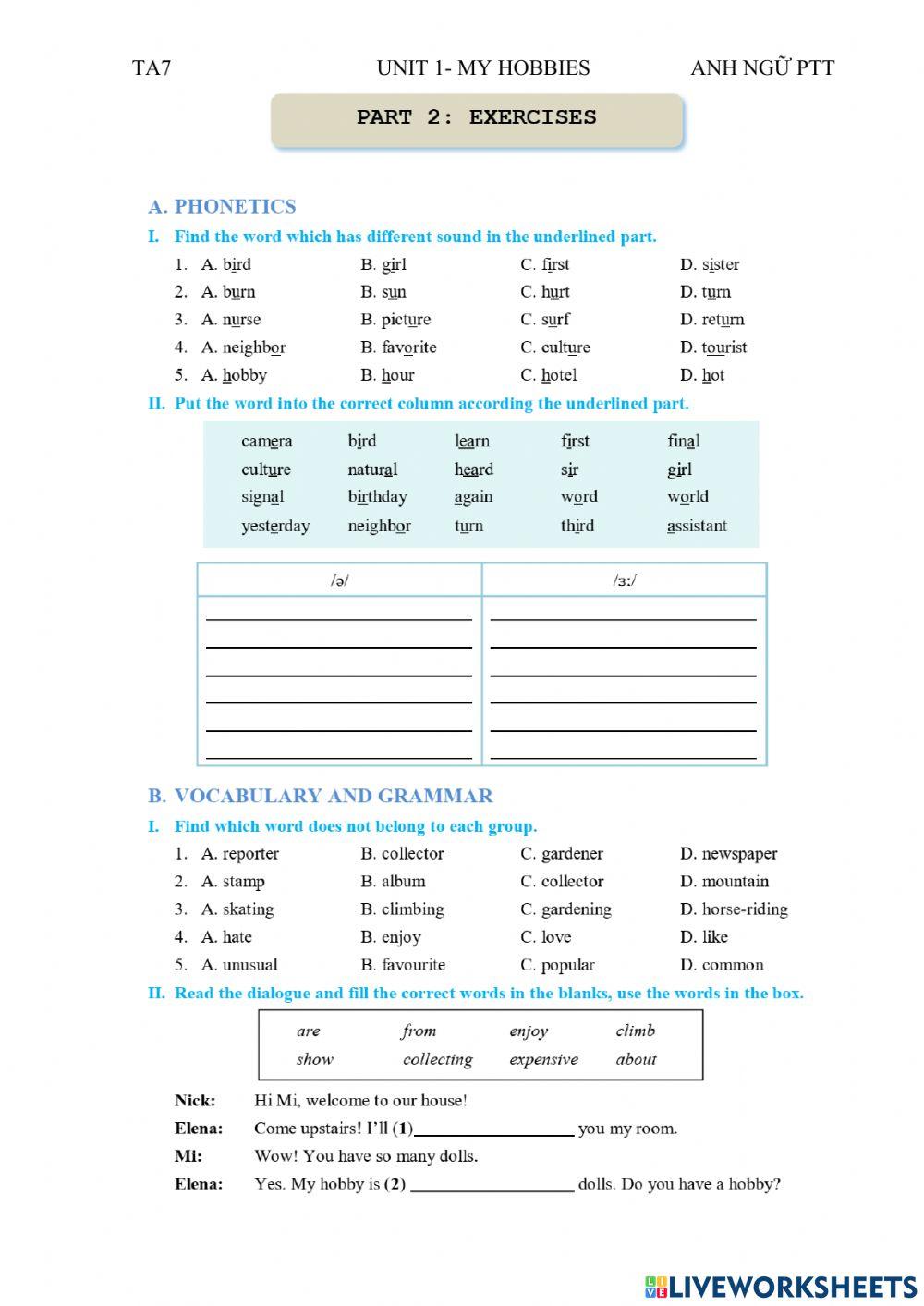 Ta7 unit 1 hobbies p1 online exercise for live worksheets