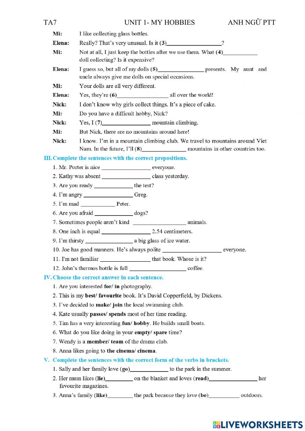 Ta7 unit 1 hobbies p1 online exercise for live worksheets