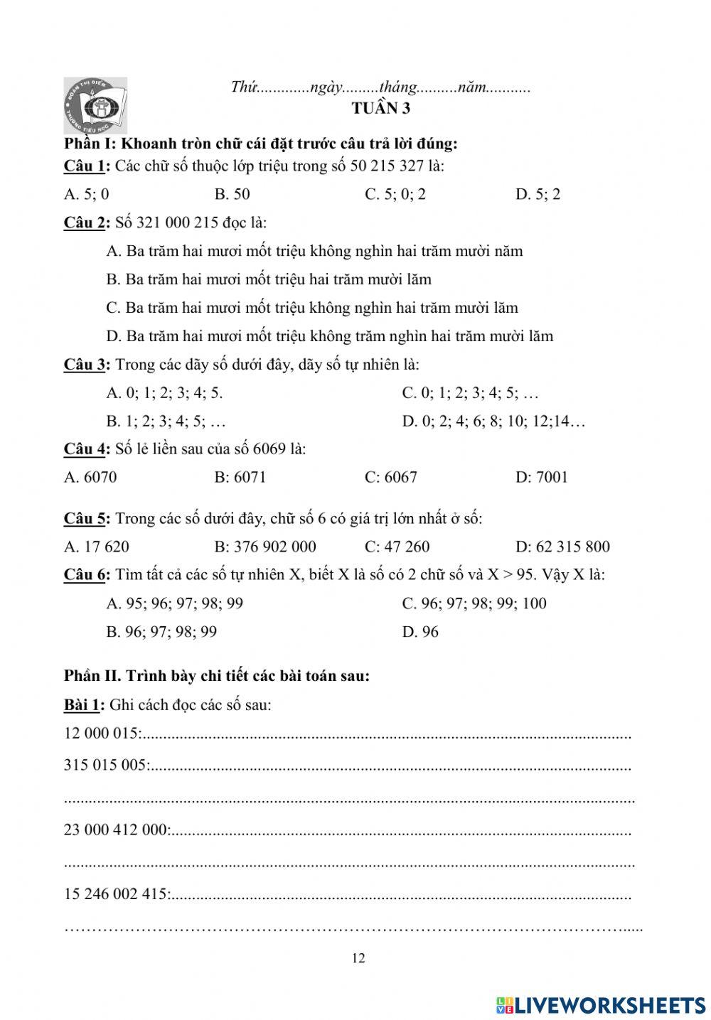 Bài tập Toán cuối tuần 3