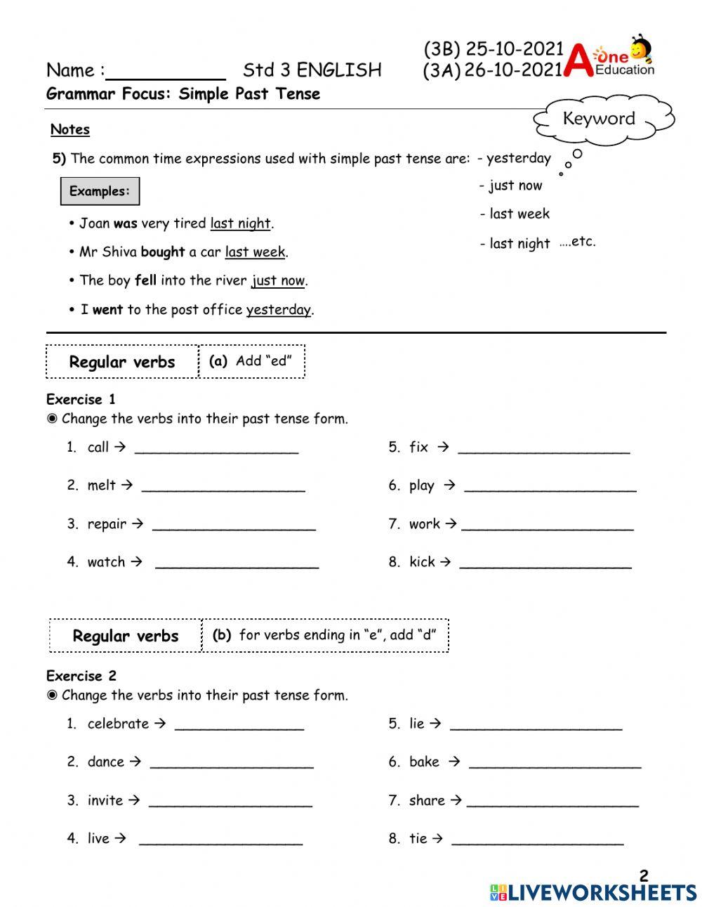 Std 3A & 3B ENG 01 & 021121 worksheet | Live Worksheets