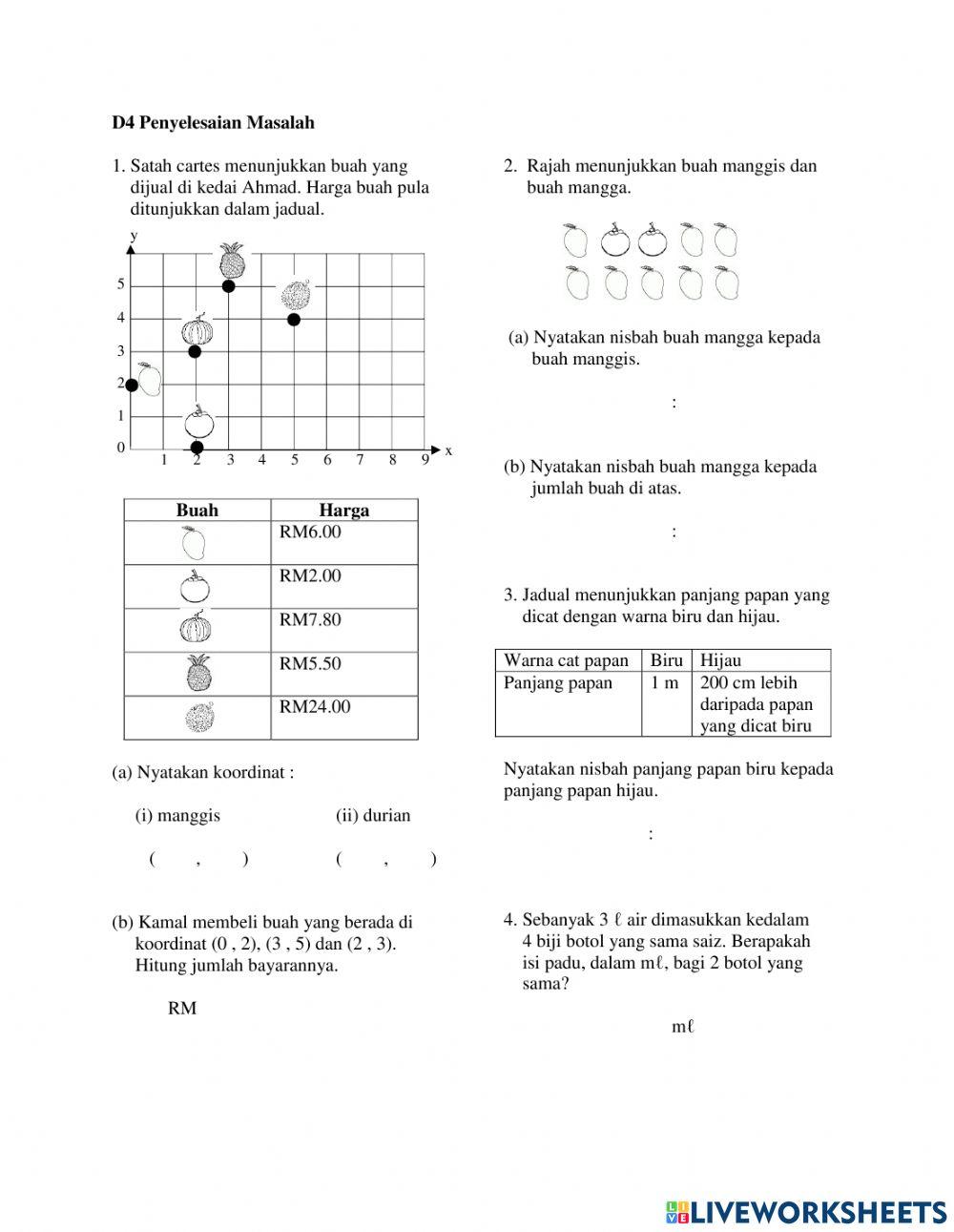Matematik Tahun 4 : Penyelesaian Masalah Koordinat, Nisbah dan Kadaran