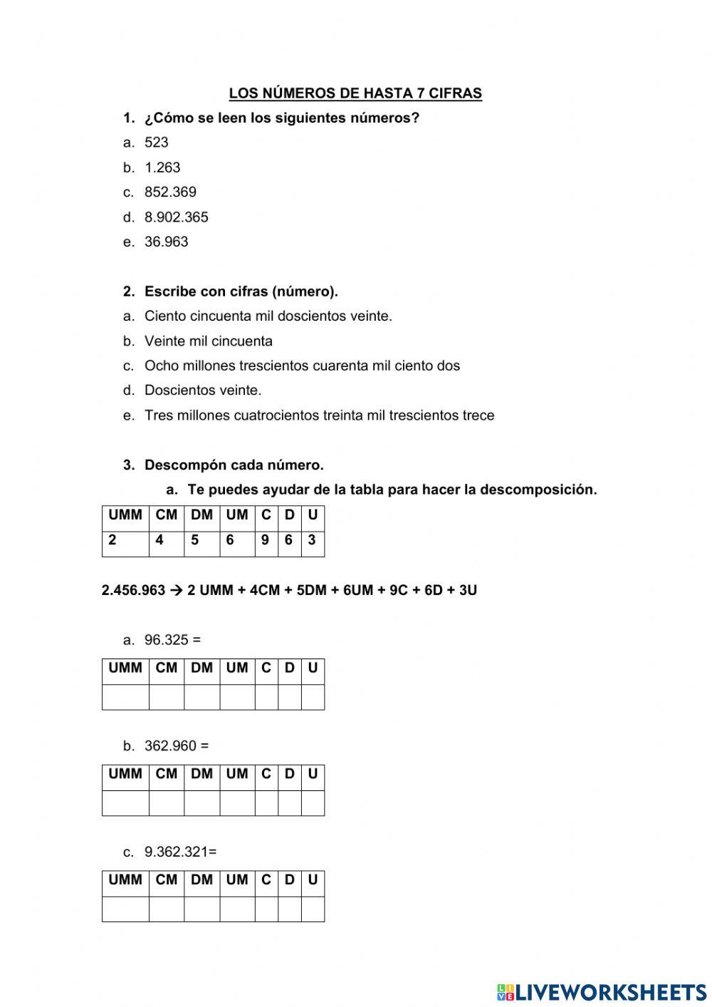 Los números de hasta 7 cifras