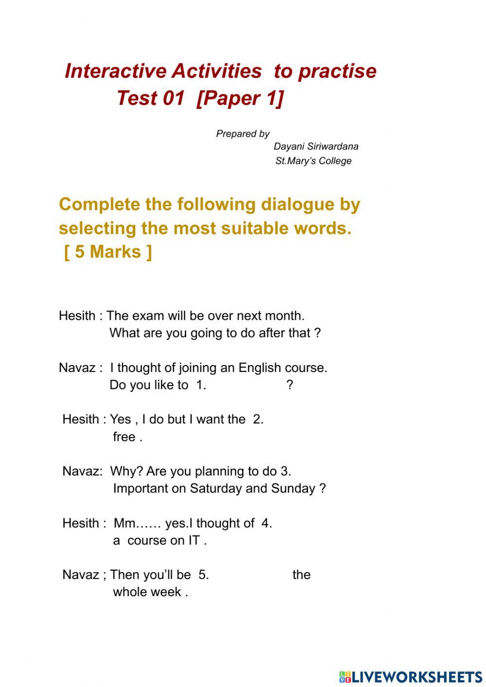 Interactive Activities to practise Test 01  Paper 1 