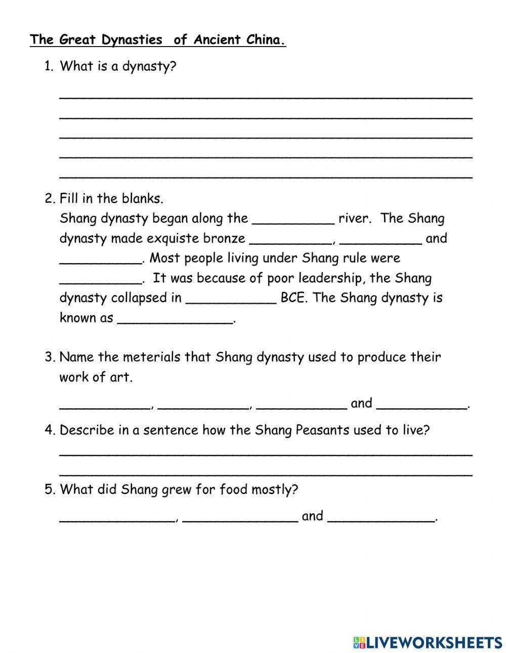 Shang Dynasty Worksheet 1 online exercise for Live Worksheets