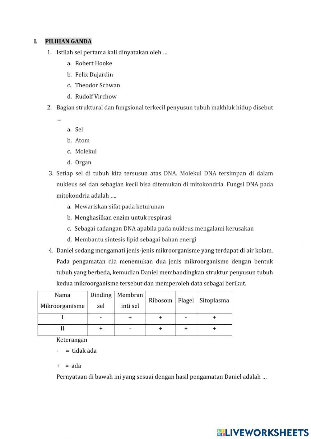 Uji kompetensi materi sel
