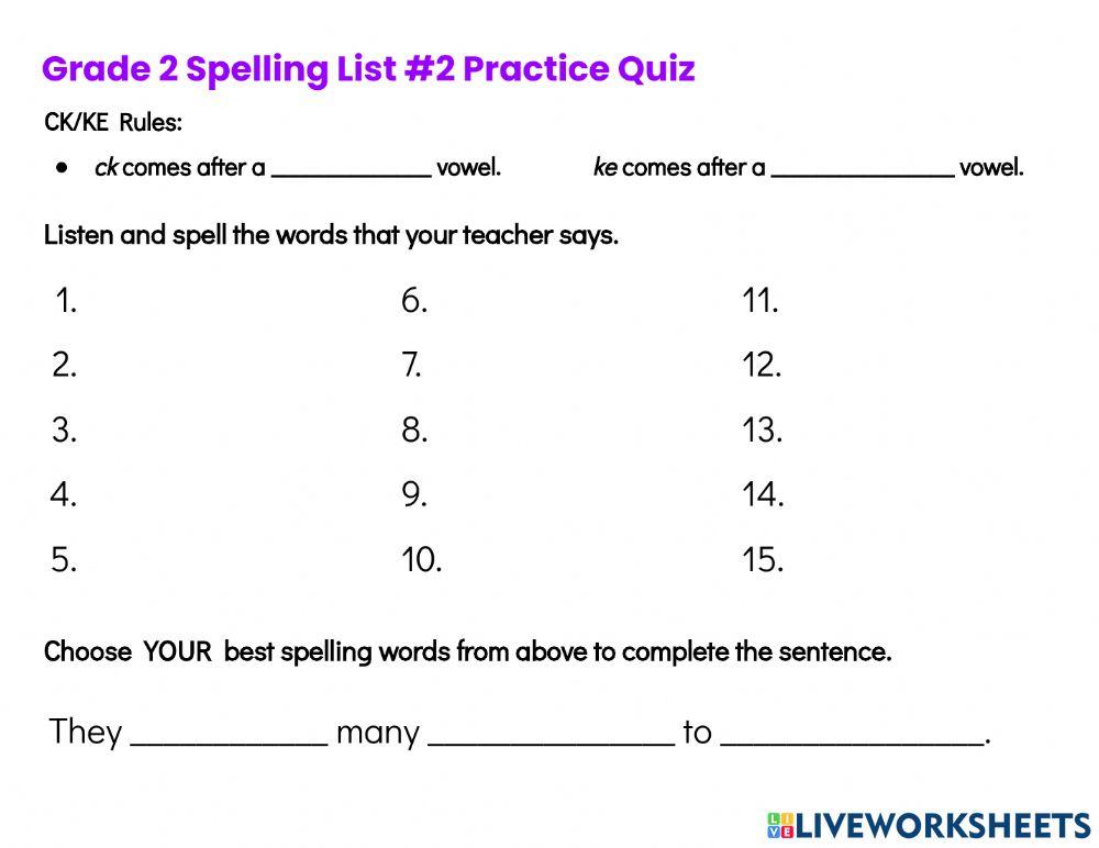Grade 2 Spelling List 2 Practice Quiz