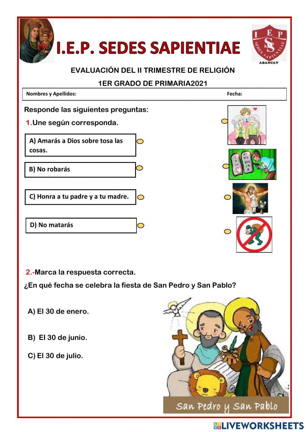 Evaluación de religión primaria 2021