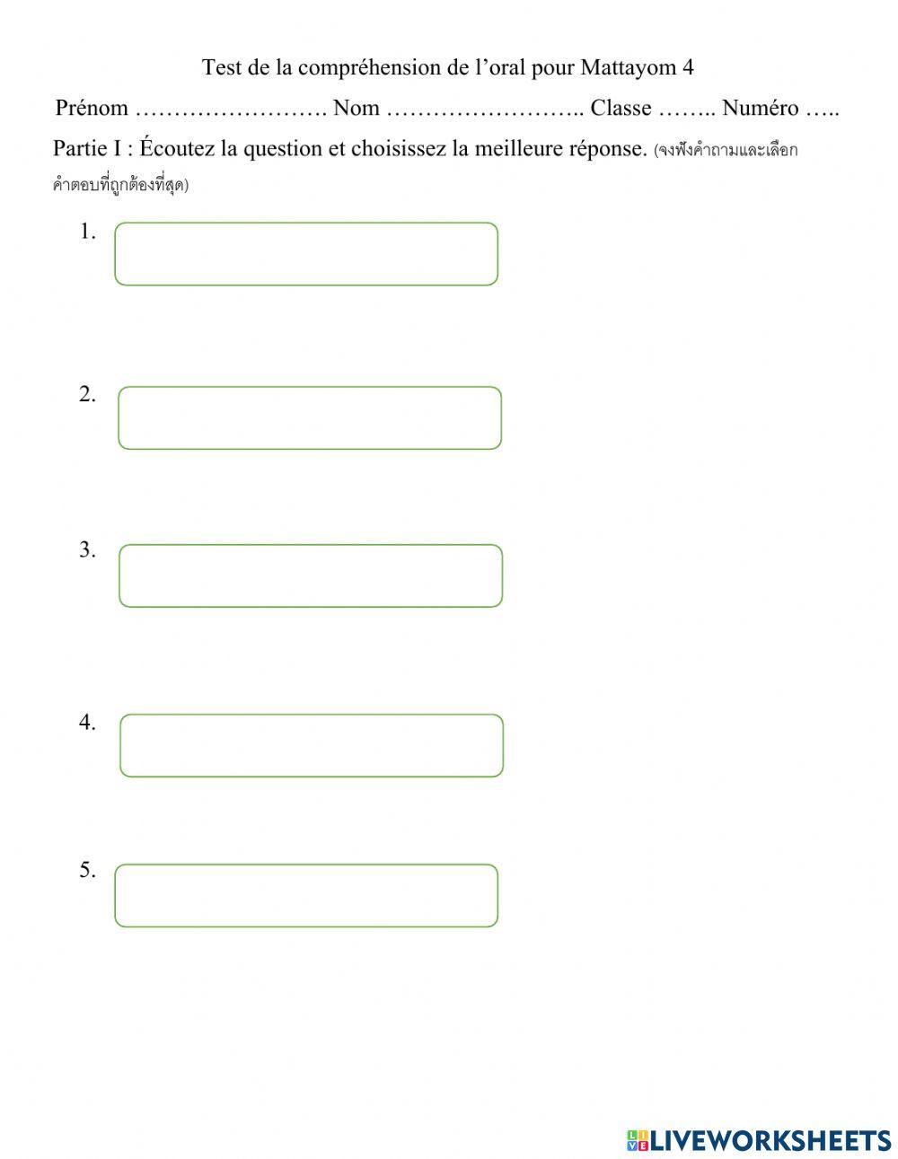 Test de la compréhension de l'oral A1 pour Mattayom 4