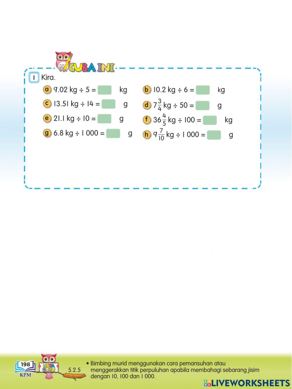 Matematik tahun 5 ms 198 Bahagi unit jisim