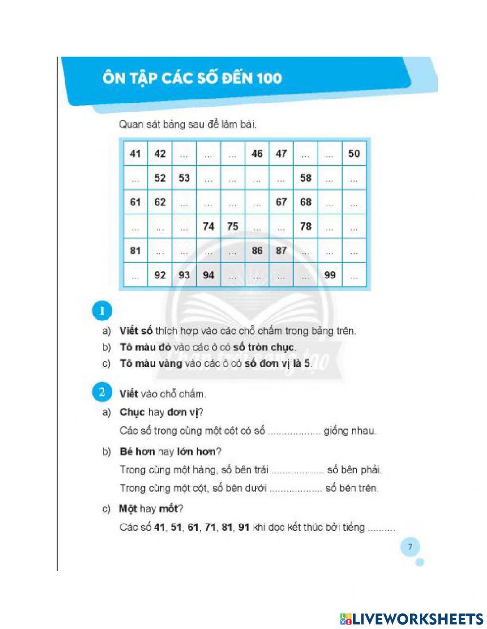 Ôn tập các số đến 100(t1)