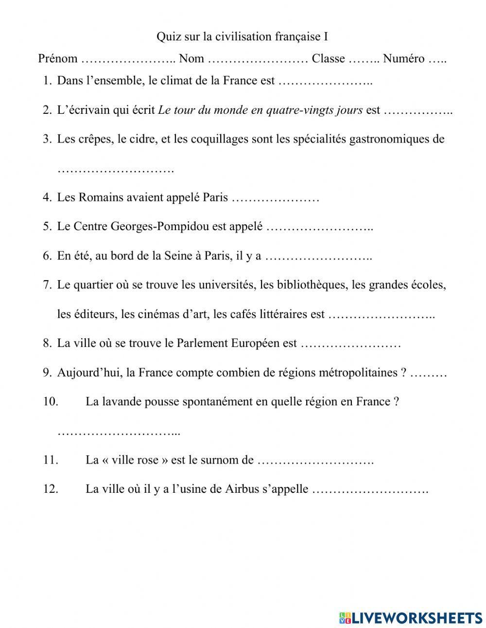 Quiz sur la civilisation française 1