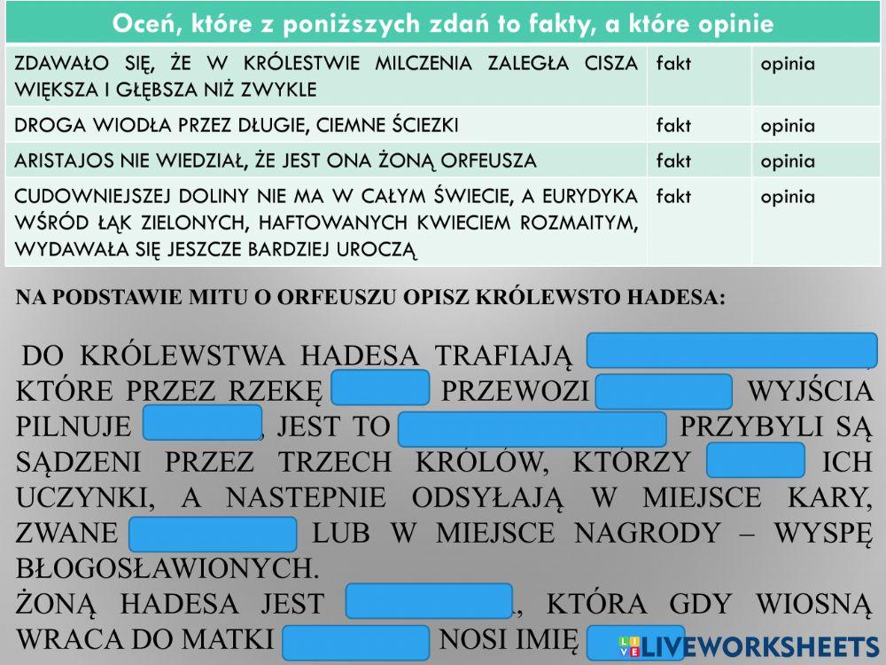 Mit O Orfeuszu I Eurydyce W Kilku Zdaniach Mit o Orfeuszu i Eurydyce worksheet | Live Worksheets