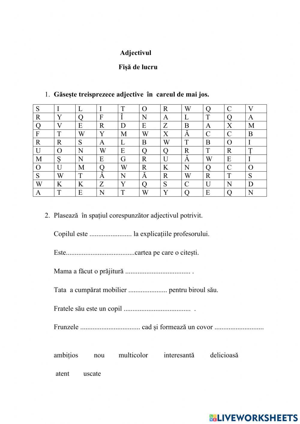 Adjectivul- fisa de lucru