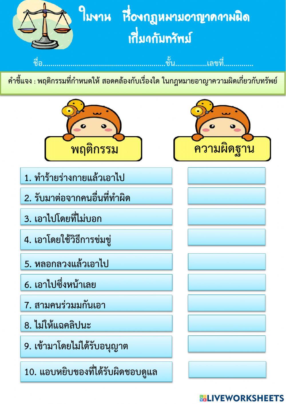 ใบงาน เรื่องกฎหมายอาญาความผิดเกี่ยวกับทรัพย์