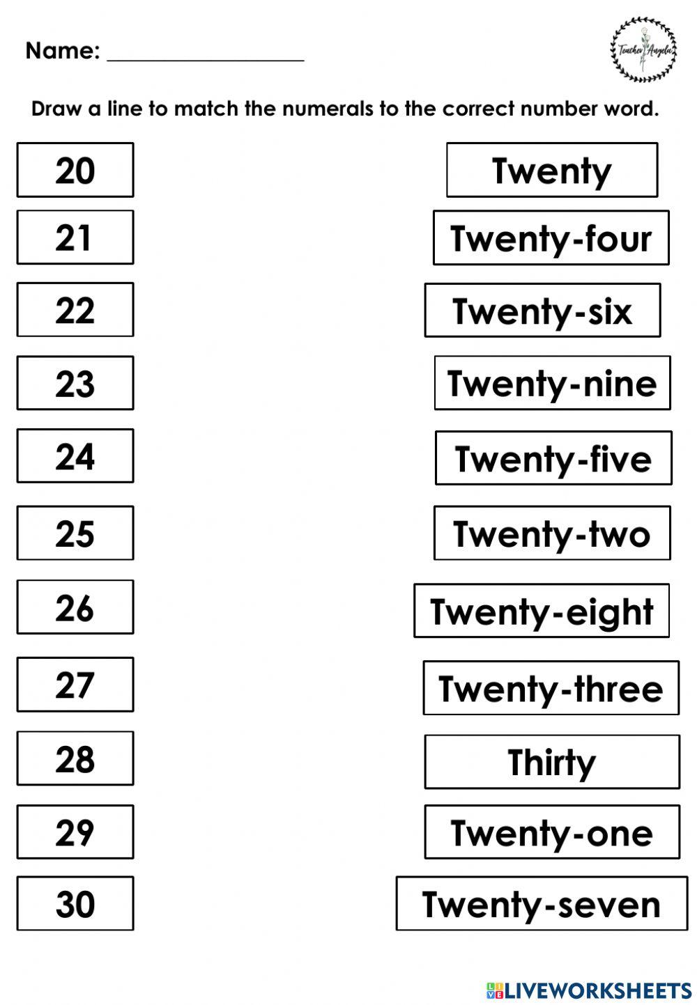 Matching number names and numerals 21-30