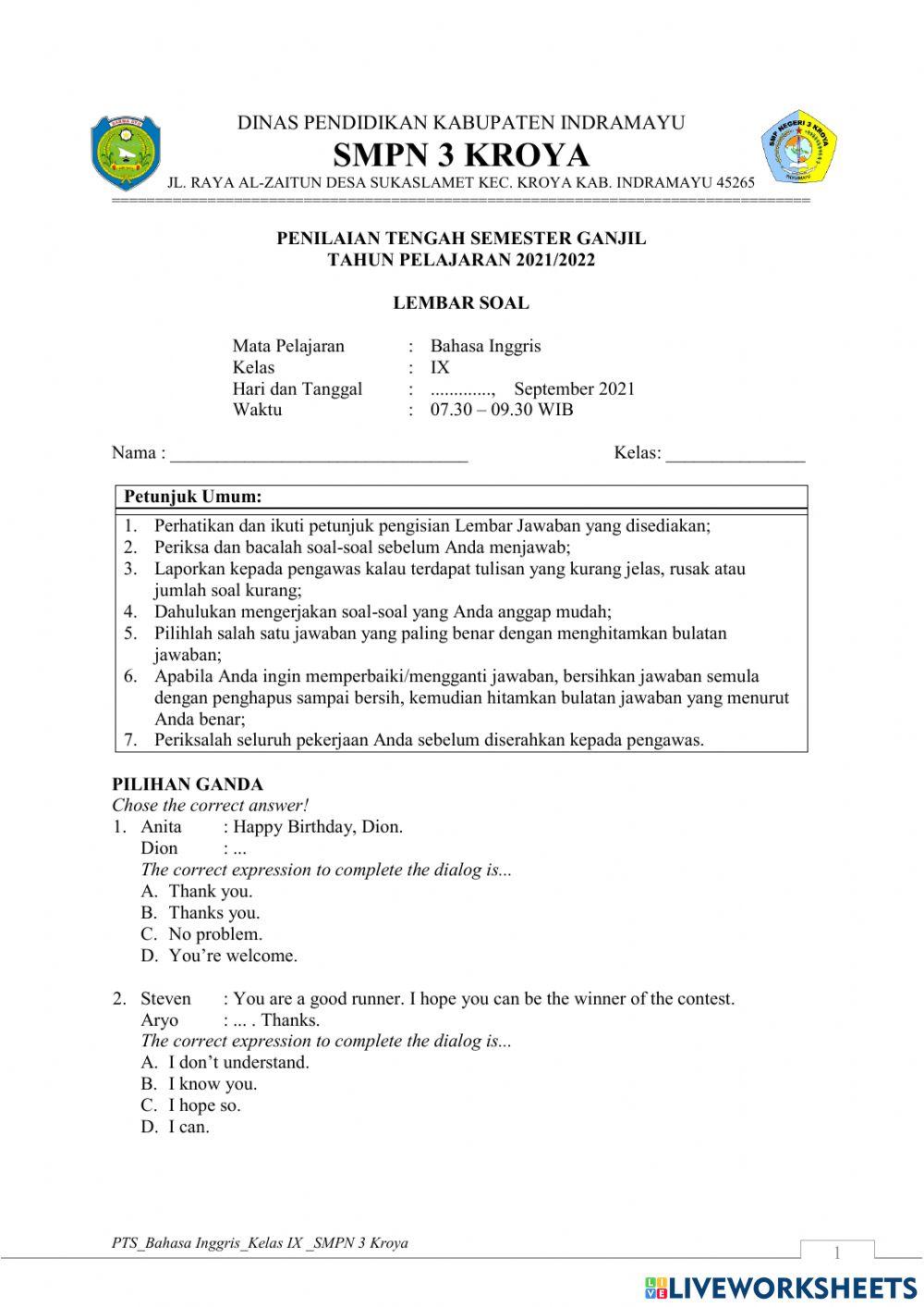 PTS Ganjil Kelas IX 2021-2021