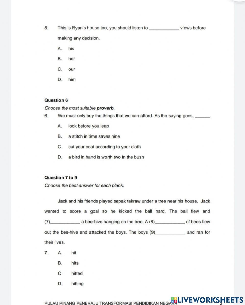 Set 1 UPSR BI PEMAHAMAN SECTION A