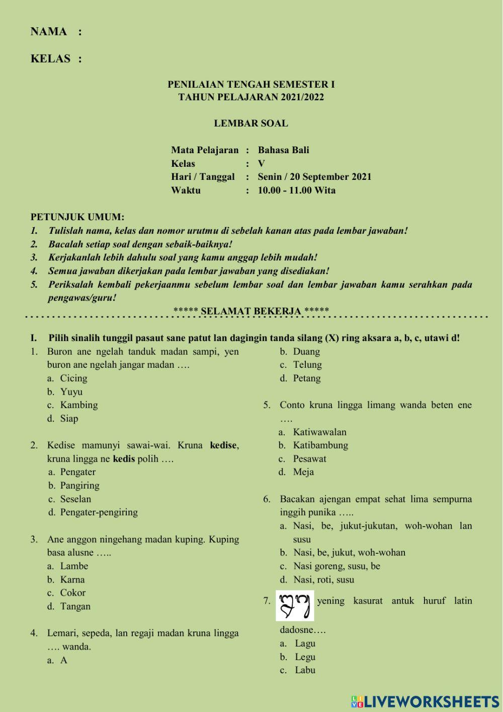 PTS I - Bahasa Bali utk kelas 5
