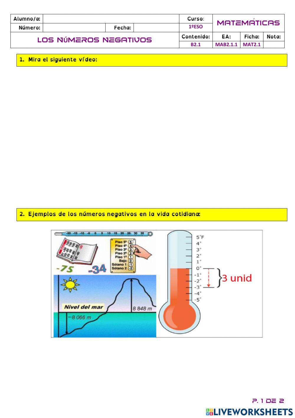 1-MAT2.1 - LOS NÚMEROS NEGATIVOS