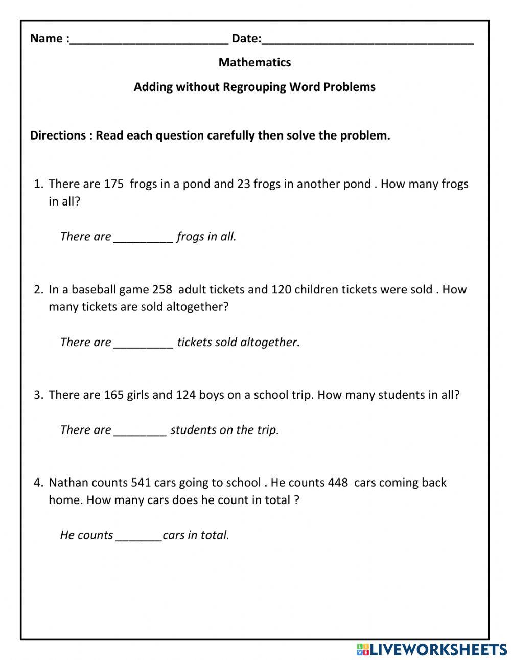 Adding without Regrouping Word Problems
