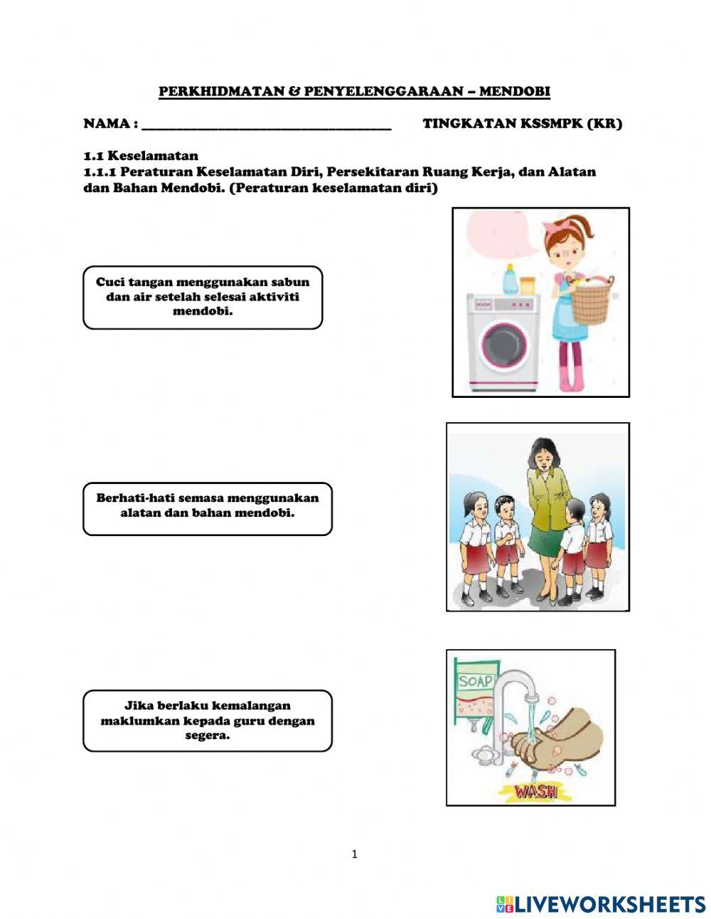 1.1.1 Peraturan Keselamatan Diri, Persekitaran Ruang Kerja, dan  Alatan dan Bahan Mendobi