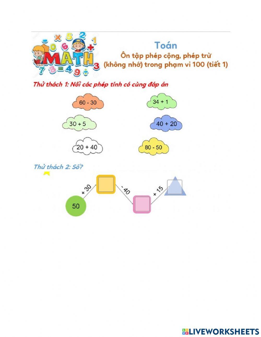 Ôn tập phép công, phép trừ (ko nhớ) phạm vi 100