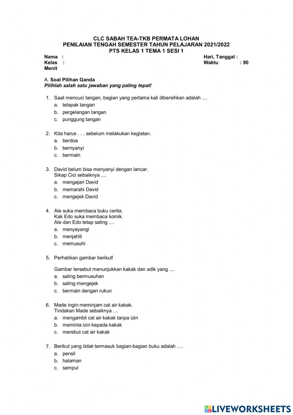 PTS Kelas 1 Tema 1 Sesi 1