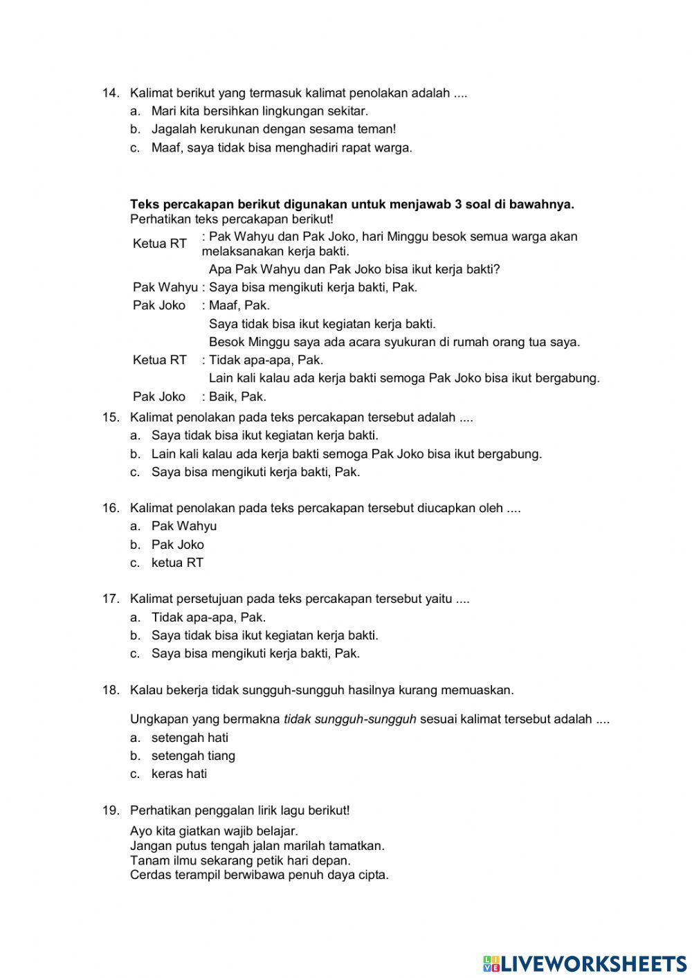 PTS Kelas 2 Tema 1 Sesi 1