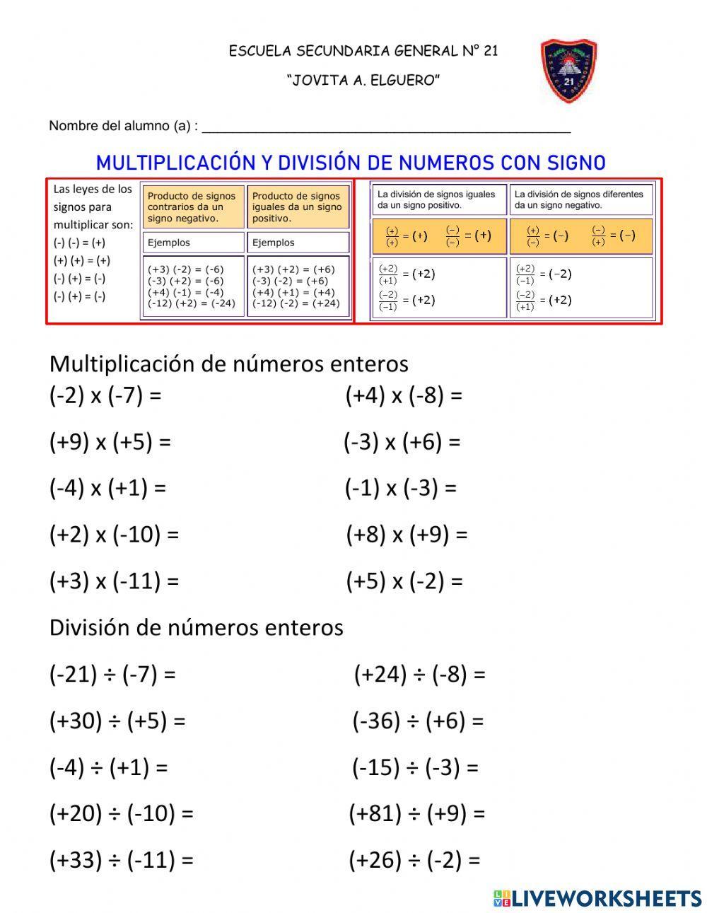 Multiplicación y división de números enteros