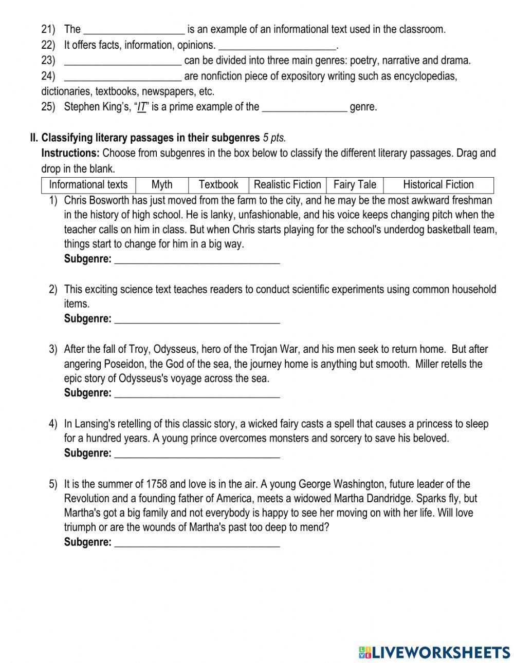 Literary Genres worksheet for Elementary & Intermediate Live Worksheets