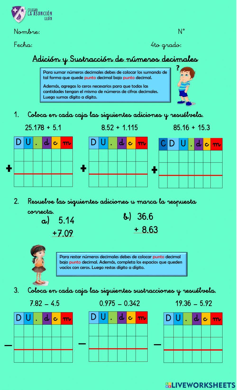 Adición y Sustracción de números decimales