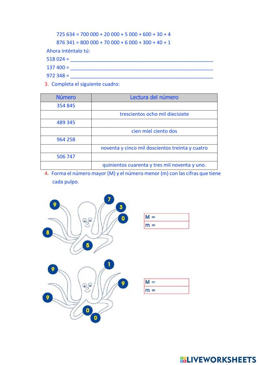 Lectura y escritura de números de 6 cifras.