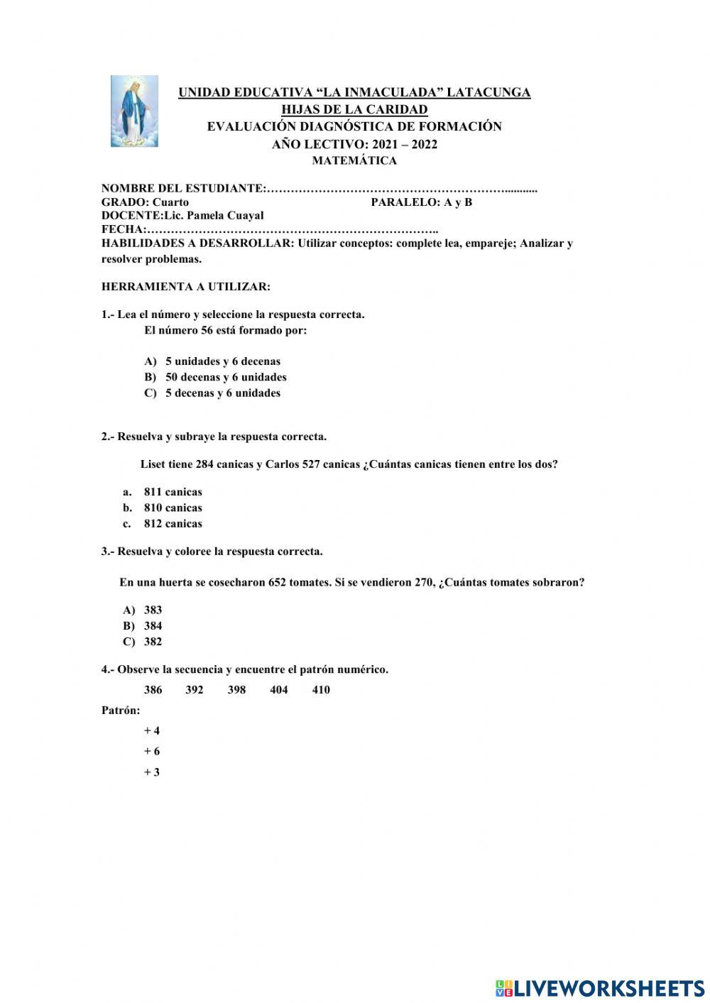 Diagnostico Matemática Cuarto A y B