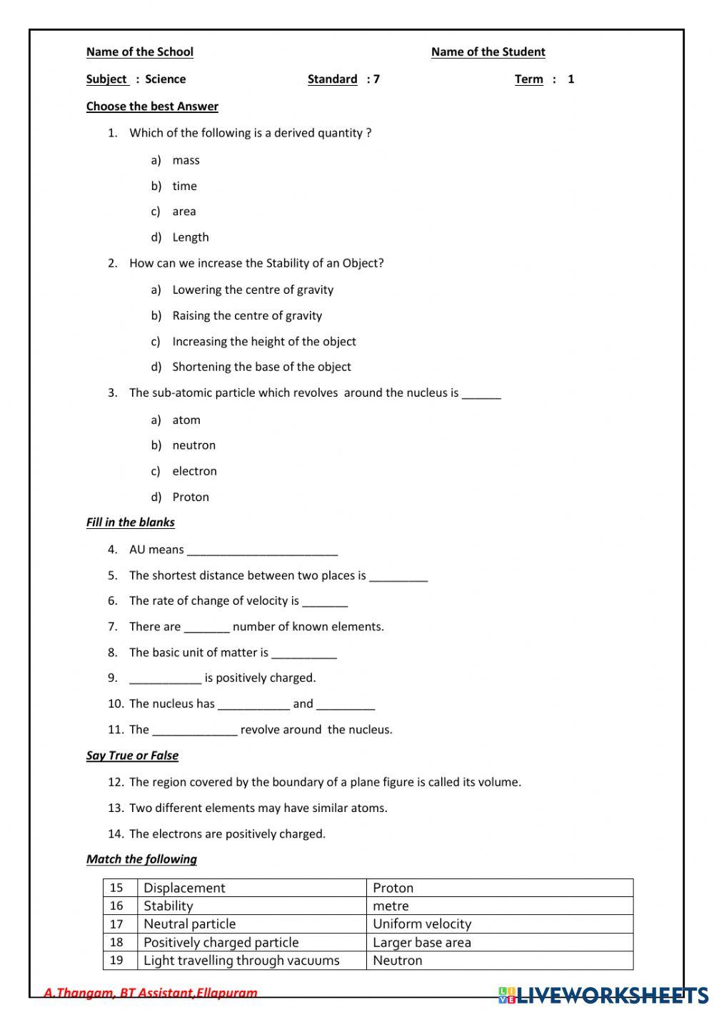 Seventh standard term 1 assessment part 1