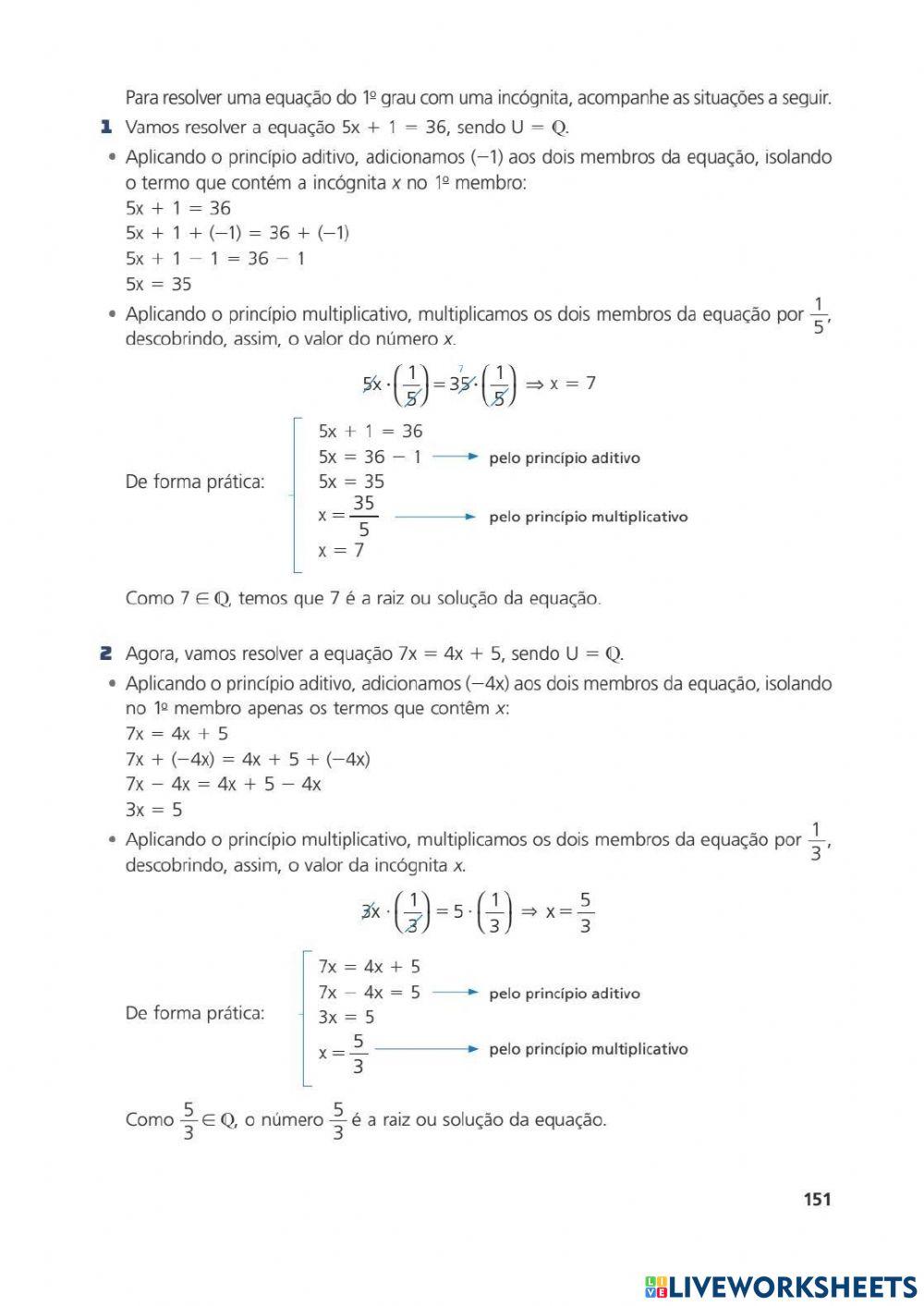 LIVRO AULA 02-09-2021 Matemática Equação do 1° Grau Ler as págs 150 a 152 Fazer a pág 153 (n°01 a 03