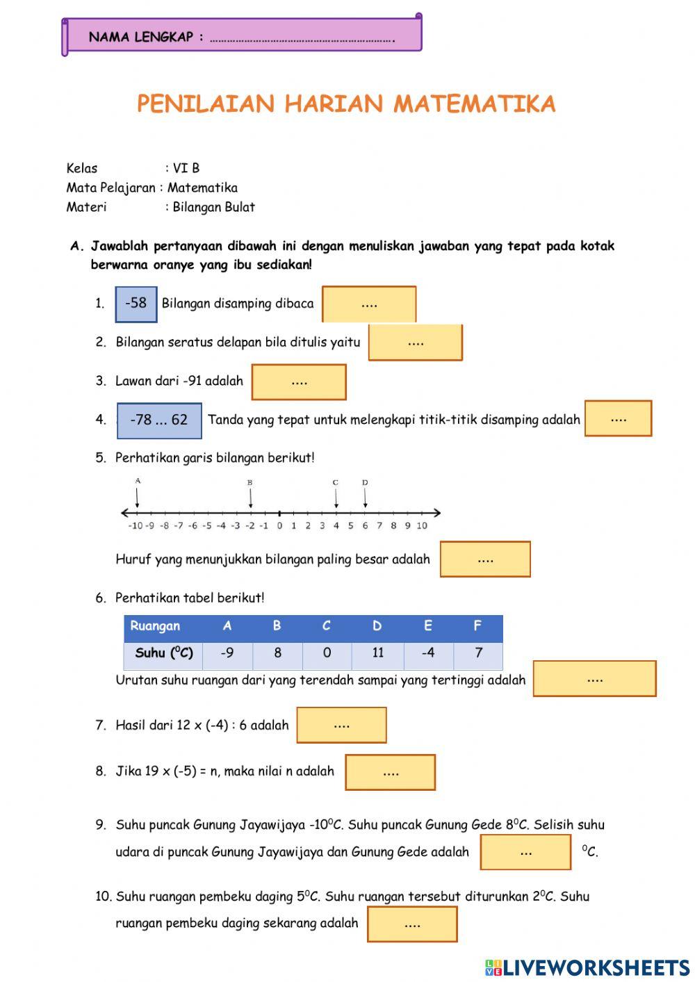 Penilaian Harian Tema 1 Matematika