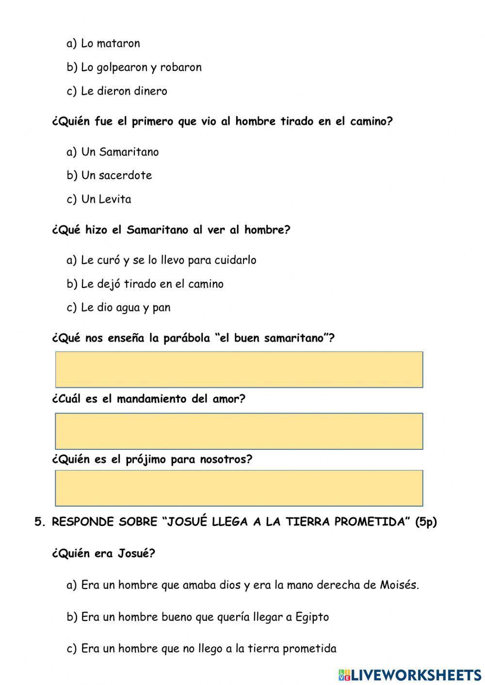 Examen de religión 2do grado primaria mes de agosto