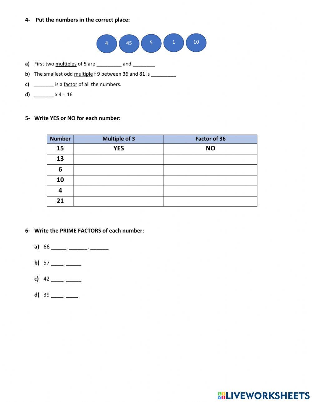 Factors, Multiples and Prime Numbers