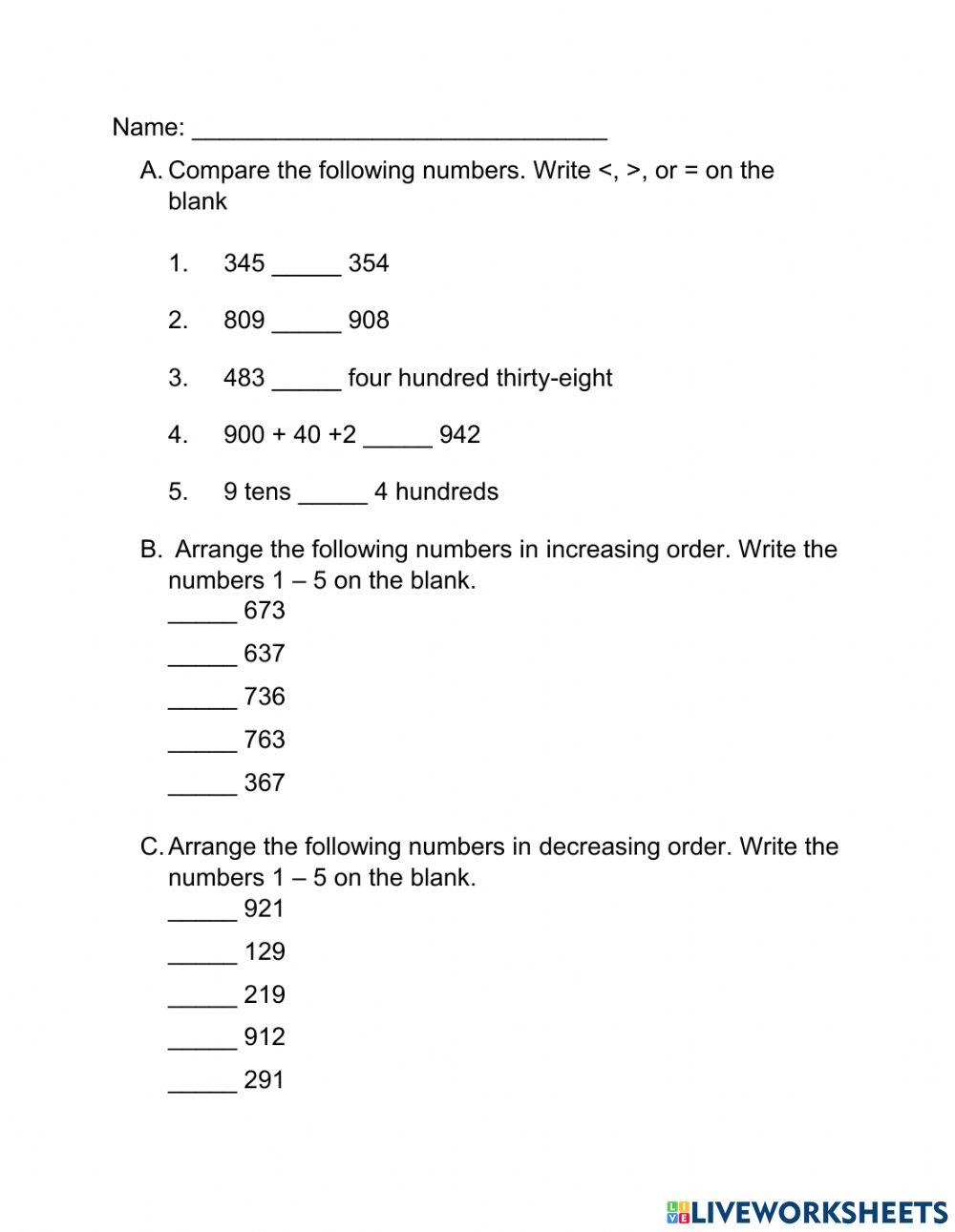 Comparing and Ordering Numbers 1342220 | Emmanuel Sabas