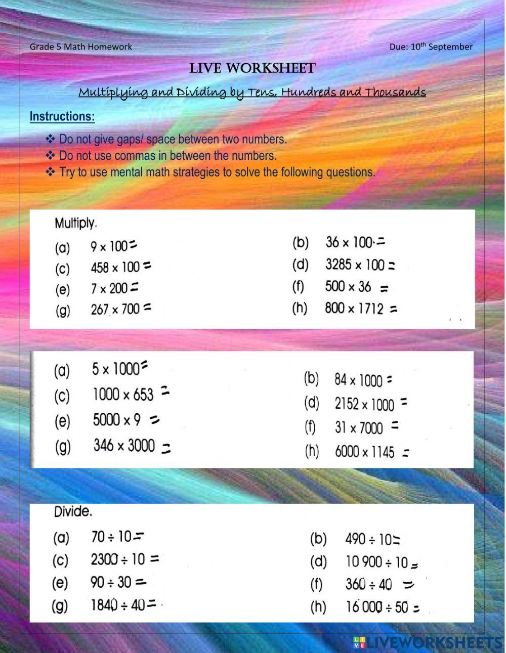 Multiplying and Dividing by multiples of Tens online exercise for ...