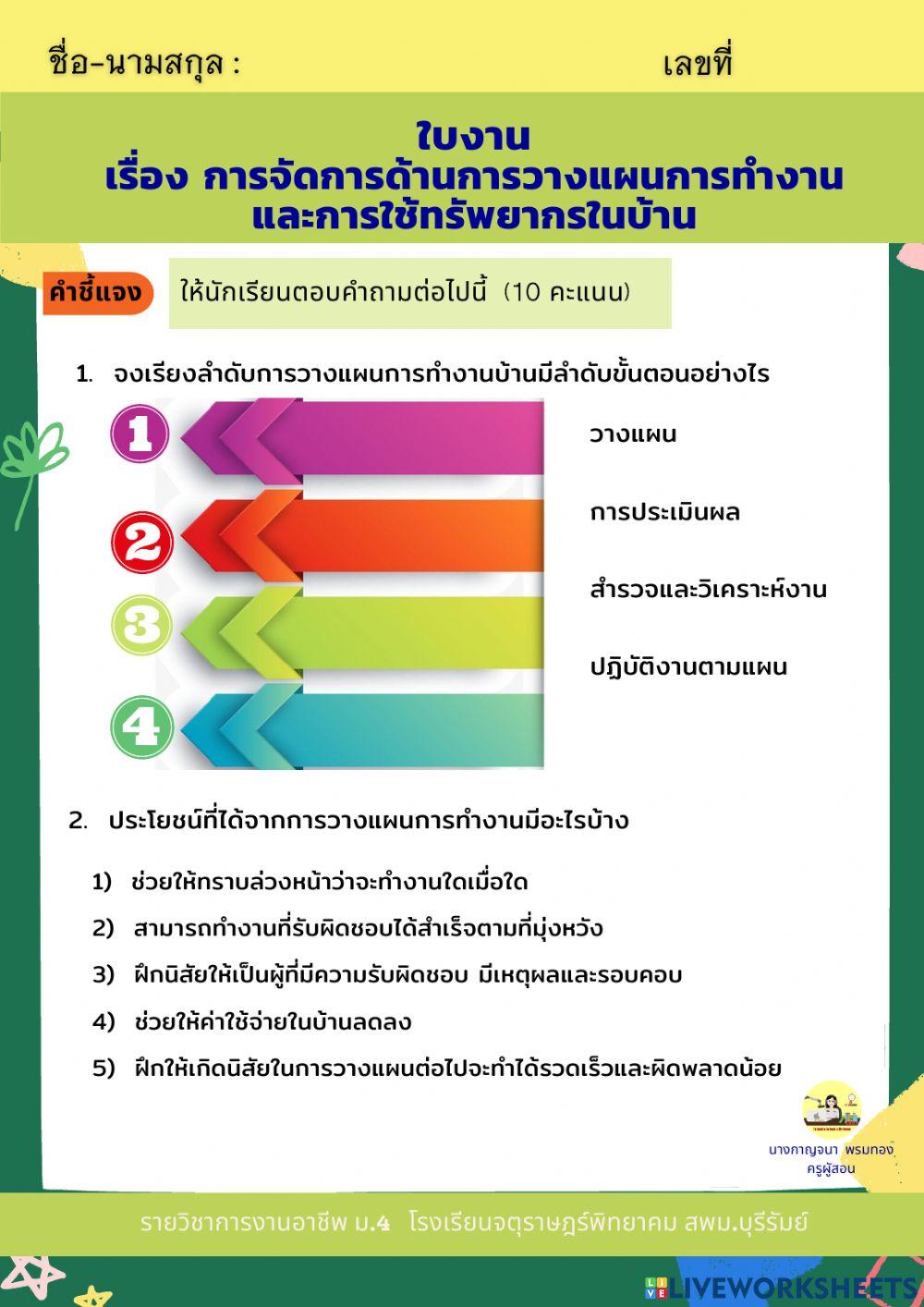 ใบงานเรื่องการจัดการด้านการวางแผนการทำงาน และการใช้ทรัพยากรในบ้าน