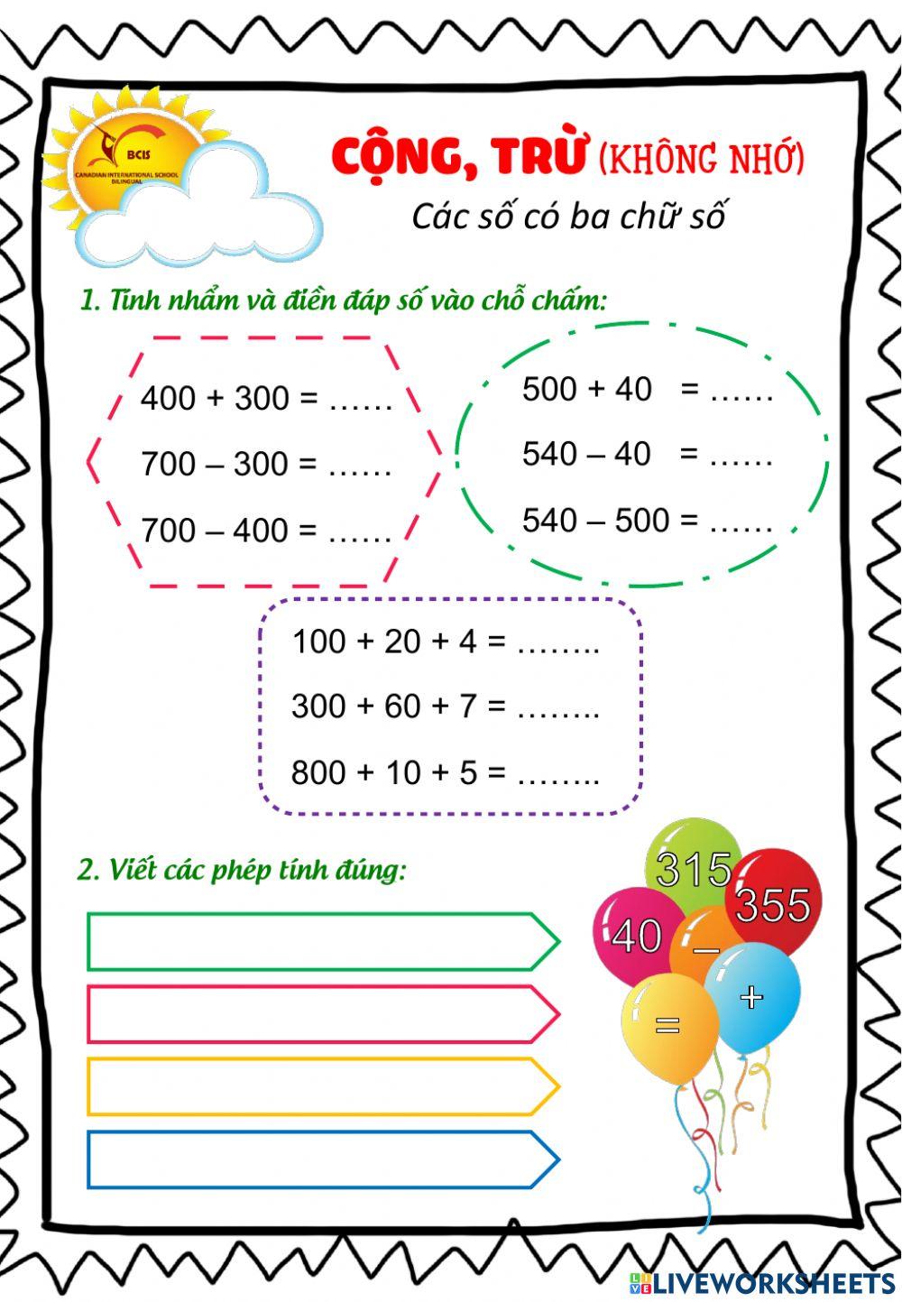 Cộng trừ số ba chữ số không nhớ