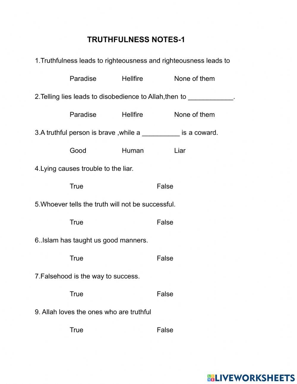 Truthfulness notes worksheet live worksheets