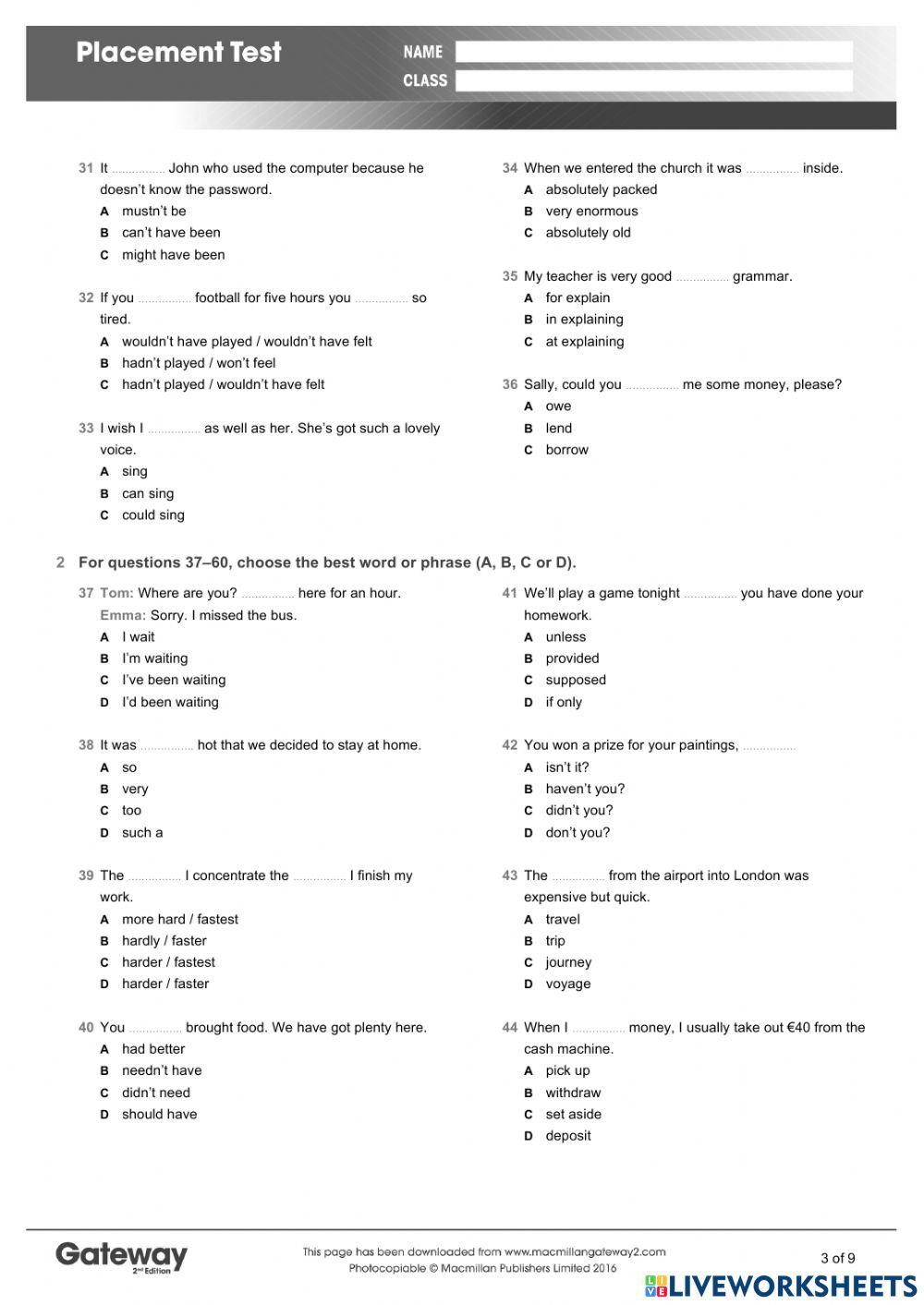 Placement test online exercise for | Live Worksheets