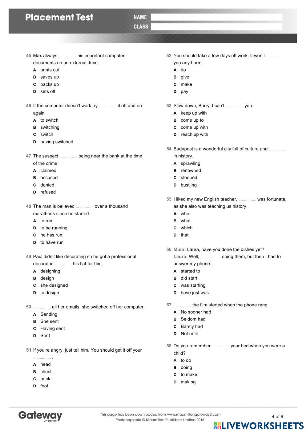 Placement test online exercise for | Live Worksheets
