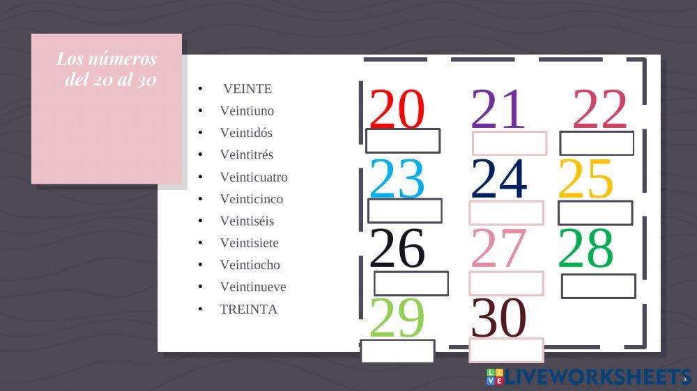 Los números del 20  al 30